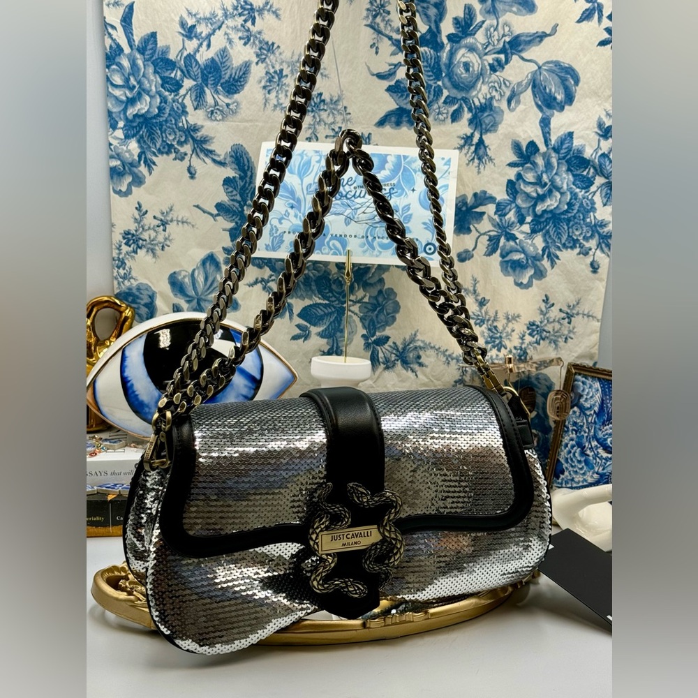 🆕 JUST CAVALLI 🧿 NWT Iconic Snakes Logo-Plaque Sequin Handbag - Picture 4 of 15